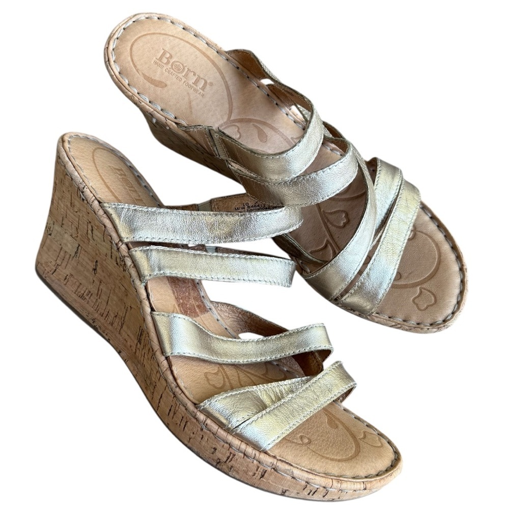 Born Lisi strappy platform wedge sandal heel gold champagne size 10